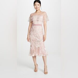Marchesa Notte blush pink midi dress featuring floral embroidery and appliqué